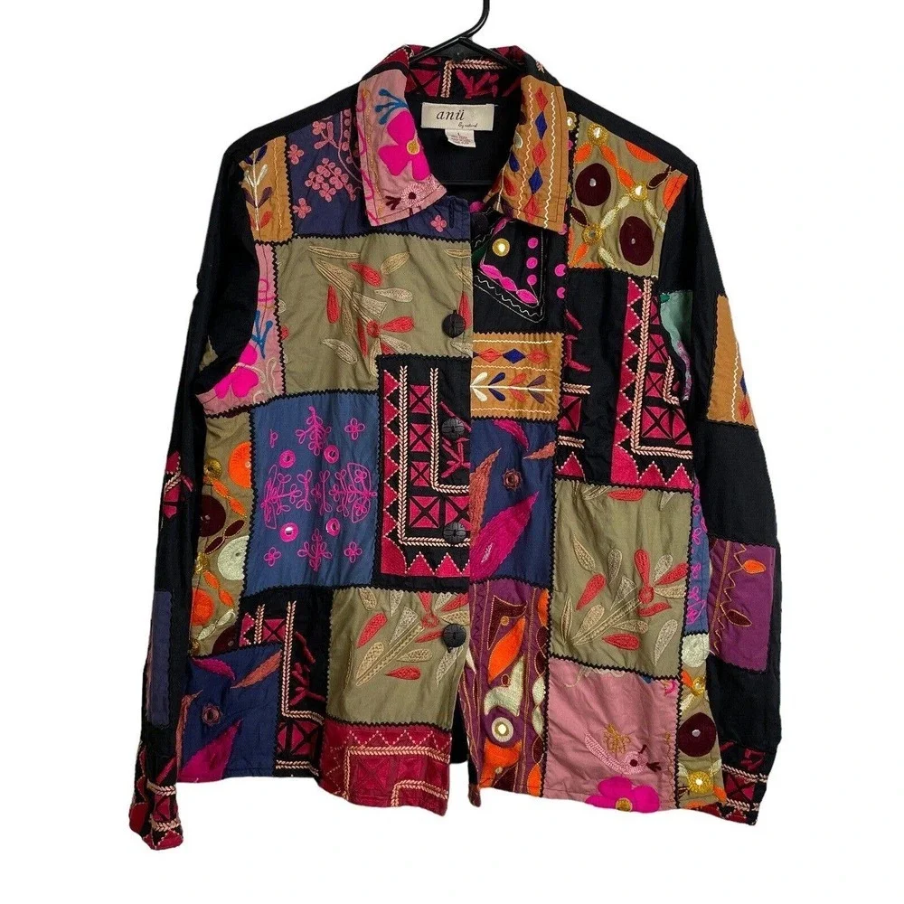 Anu by Natural Floral Jacket Large Womens Black Pink Embroidered Boho Patchwork